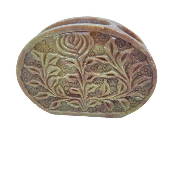 Hand Carved Soapstone Desk Accessory Holder With Floral Design - Picture 11 of 11